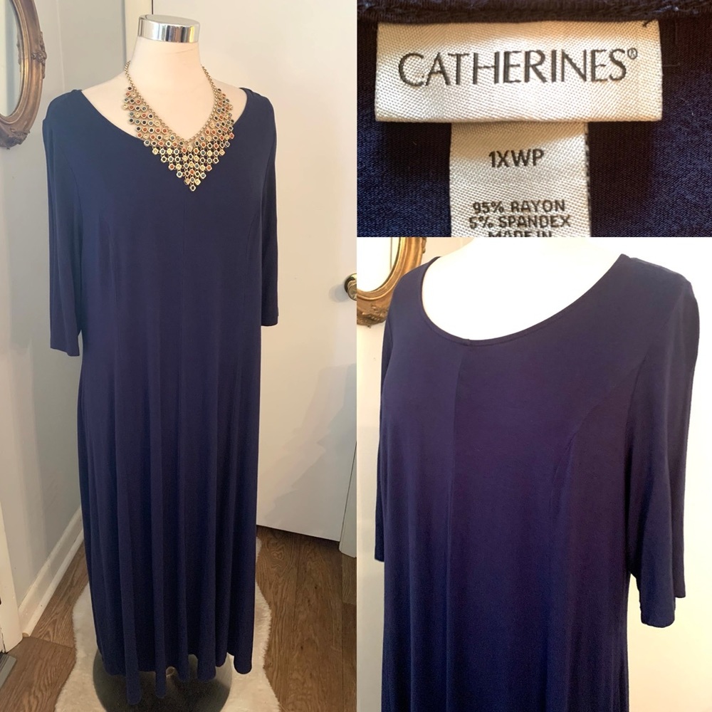 Catherine’s Navy Blue Maxie Dress 1X petite Casual Party long V Neck Lagenlook - Picture 2 of 10